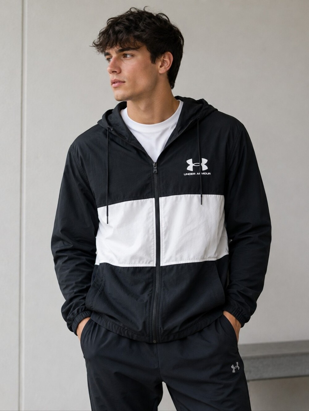 Under Armour Black and White Hooded Windbreaker